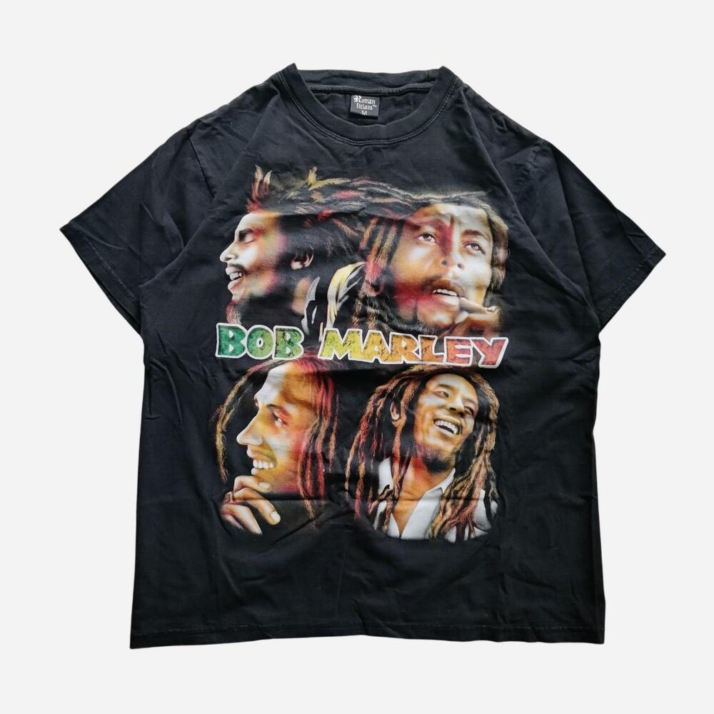 Bob Marley band tee with graphic of multiple faces with the words 'BOB MARLEY'